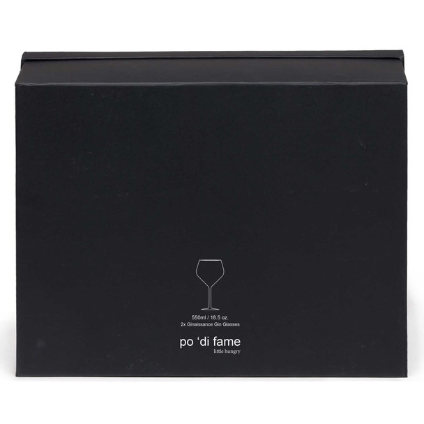 A black box containing two Ginaissance gin glasses, featuring a logo and measuring 550ml each.