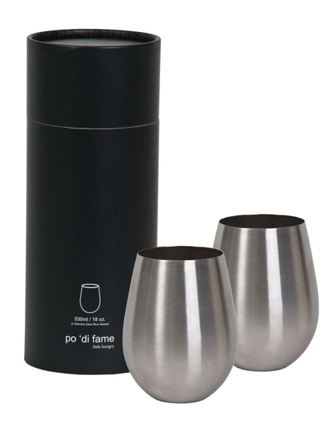 A set of two stainless steel stemless wine glasses in a black cylindrical packaging.