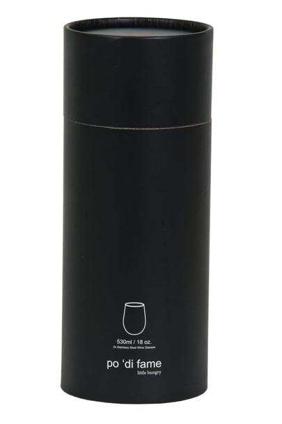 A stemless stainless steel wine glass set in a sleek black packaging, featuring a simple logo.