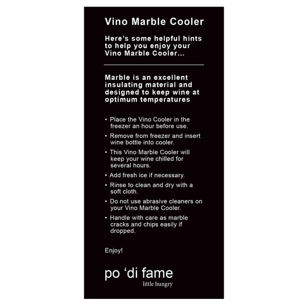 A Vino Marble Cooler in a marble design, featuring a logo, with instructions for use and care.