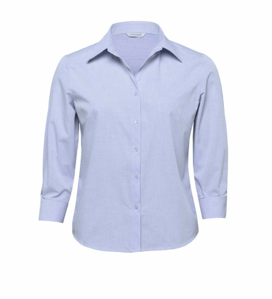 A women's button-up shirt in light blue with a striped pattern and three-quarter sleeves. It features a logo.