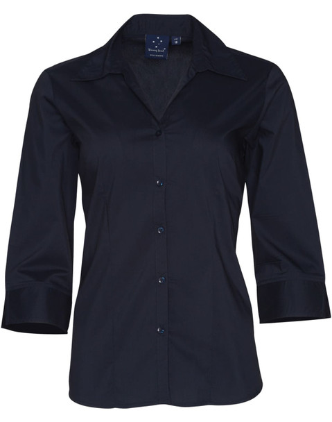 A women's black Teflon button-up shirt with 3/4 sleeves and a collar, featuring a logo. A women's black Teflon button-up shirt with 3/4 sleeves and a collar, featuring a logo.