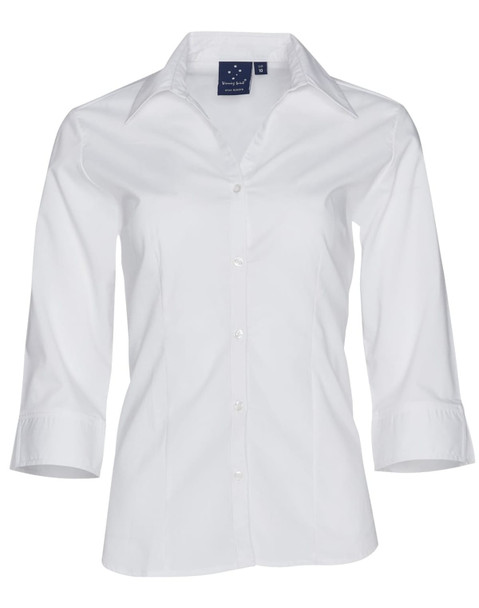 A women's white Teflon executive 3/4 sleeve button-up shirt, featuring a collar and a logo on the tag. A women's white Teflon executive 3/4 sleeve button-up shirt, featuring a collar and a logo on the tag.