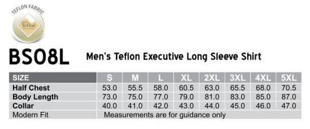 A table displaying sizing information for the Men's Teflon Executive Long Sleeve Shirt, including measurements and fit details.
