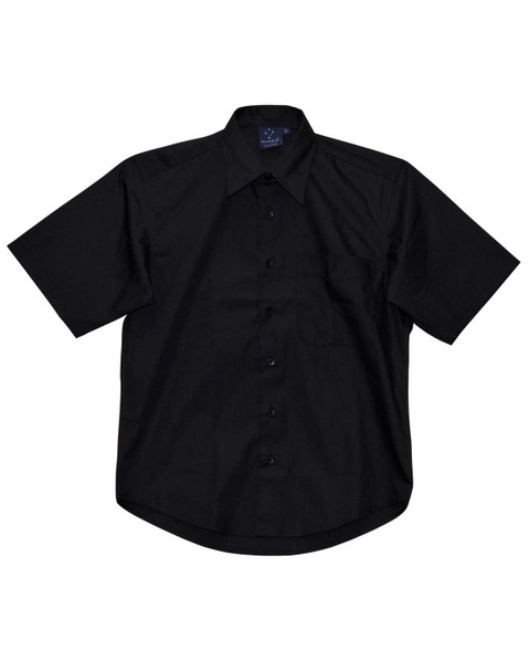 A black short sleeve button-up shirt featuring a pocket and a branded label. A black short sleeve button-up shirt featuring a pocket and a branded label.