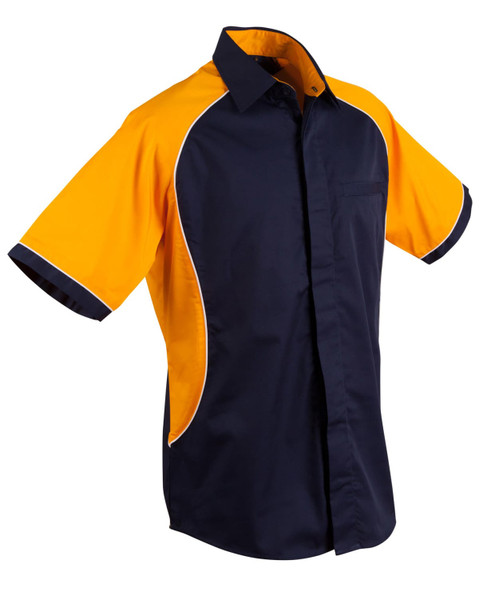 A men's button-up shirt featuring tri-colour design in navy and orange with white contrast detailing and a chest pocket.