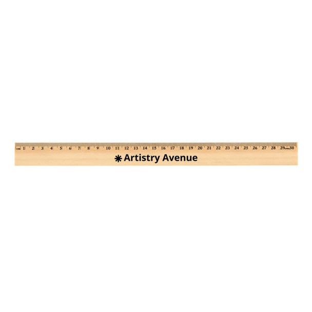 A wooden ruler measuring 30cm, featuring black branding and a light wood finish. A wooden ruler measuring 30cm, featuring black branding and a light wood finish.