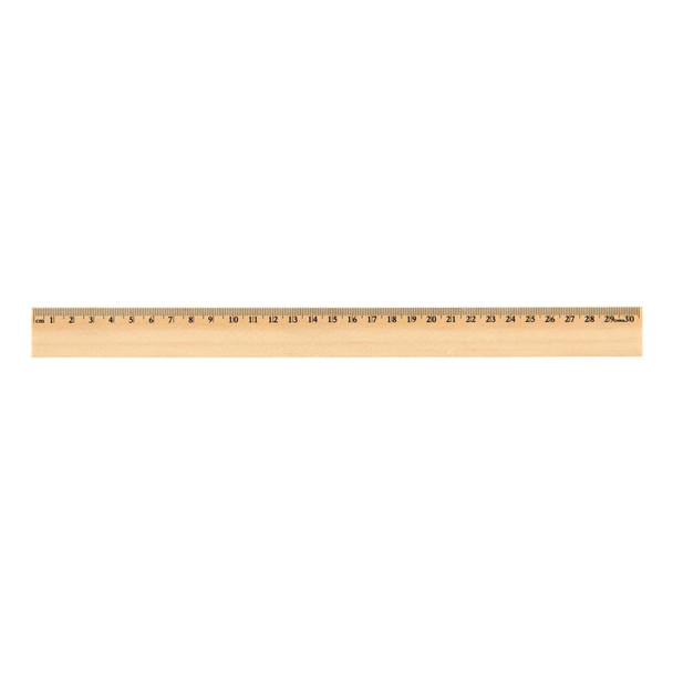 A 30cm wooden ruler with a natural finish and measurement markings along its length, featuring a logo. A 30cm wooden ruler with a natural finish and measurement markings along its length, featuring a logo.