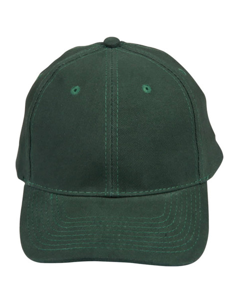 A green heavy brushed cotton cap with a stitched visor and ventilation eyelets, featuring a logo. A green heavy brushed cotton cap with a stitched visor and ventilation eyelets, featuring a logo.