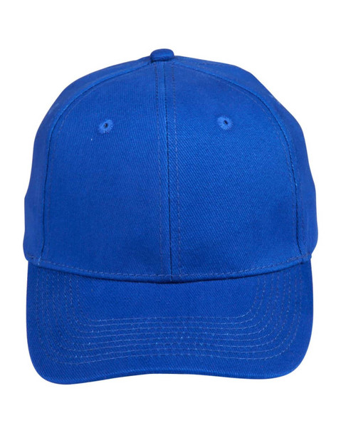 A bright blue heavy brushed cotton cap featuring a logo on the front. A bright blue heavy brushed cotton cap featuring a logo on the front.