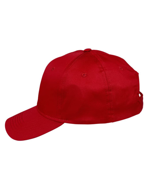 A red polycotton twill cap with a curved peak and a logo on the side.