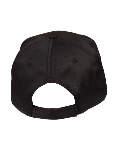 A black polycotton twill cap featuring a rear opening and an adjustable strap. Includes a logo on the back.
