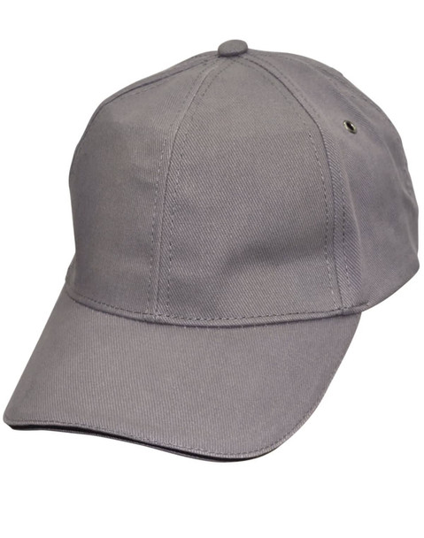 A grey Sandwich Peak Cap featuring a classic design and a logo on the side. Suitable for casual wear.