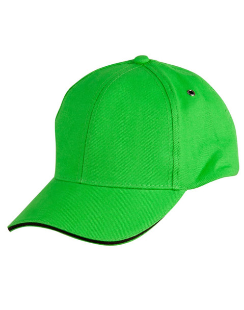 A bright green cap with a curved brim and a logo on the side.