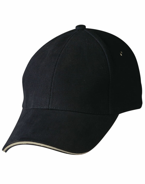 A black cap with a curved brim and a decorative trim, featuring a logo on the side.