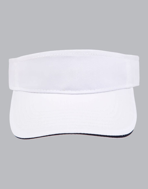 A white visor with a contrasting black underside and a logo on the front.