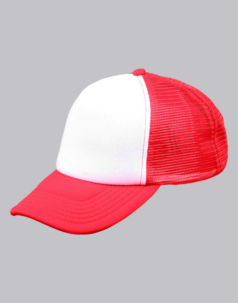 A red and white Contrast Trucker Cap with a mesh back and a solid front panel. It features a logo.