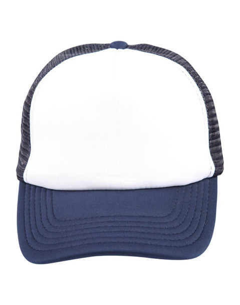 A Contrast Trucker Cap featuring a white front and navy blue brim, with a black mesh back and an embedded logo.