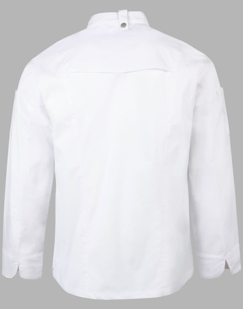 A white men's chef jacket featuring long sleeves and a back yoke design, with a logo on the sleeve.