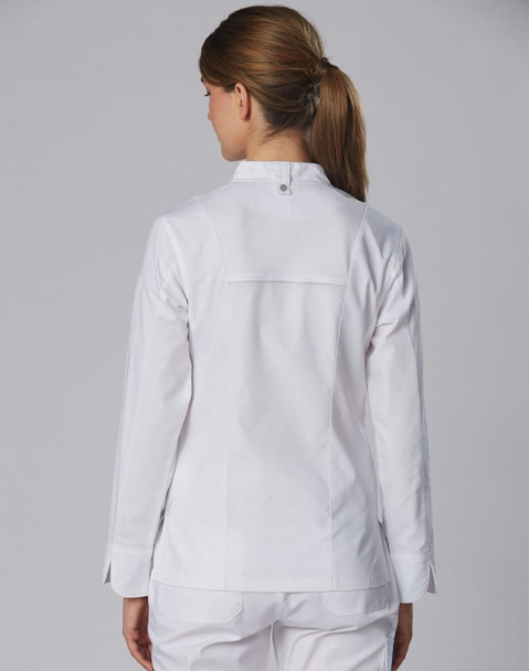 A white ladies' chef jacket with a fitted design, viewed from the back, featuring a small logo on the shoulder.