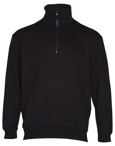 A black 1/2 zip collar polar fleece jumper featuring a high neck and long sleeves, with a logo on the front.