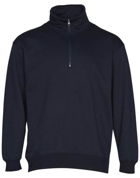 A dark navy 1/2 zip collar fleecy jumper featuring a zip and cuffs. It has a simple design and a logo.