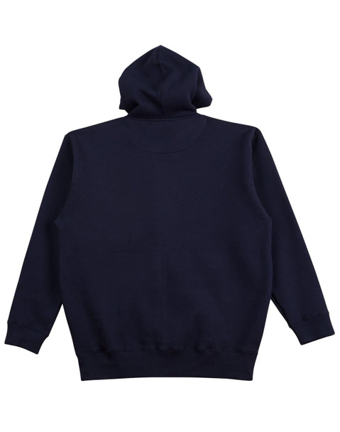 A men's full-zip fleecy hoodie in navy blue, featuring a hood and long sleeves, with a logo on the back.