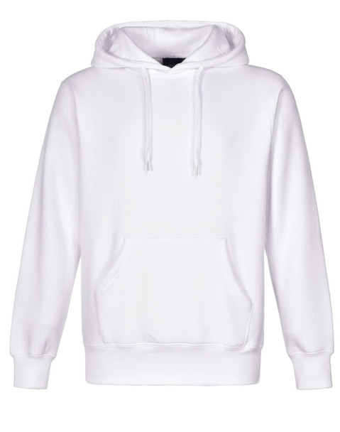 A white adult's close front contrast fleecy hoodie featuring a front pocket and adjustable drawstring hood. A white adult's close front contrast fleecy hoodie featuring a front pocket and adjustable drawstring hood.