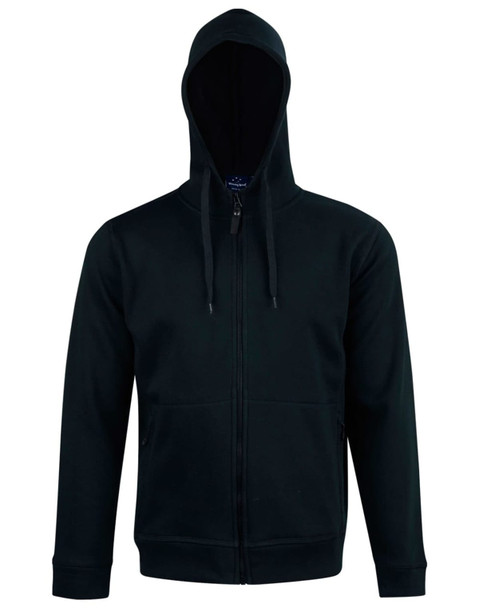 A men's full zip contrast fleece hoodie in black, featuring a hood and a logo. Suitable for casual wear.