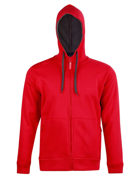 A red full zip contrast fleece hoodie with a hood and pocket details, featuring a logo.