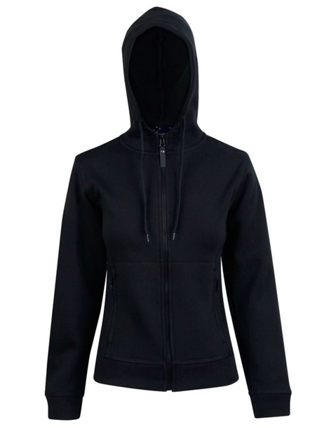 A black ladies' full zip contrast fleece hoodie with a hood and zippered pockets. It features a logo on the garment.