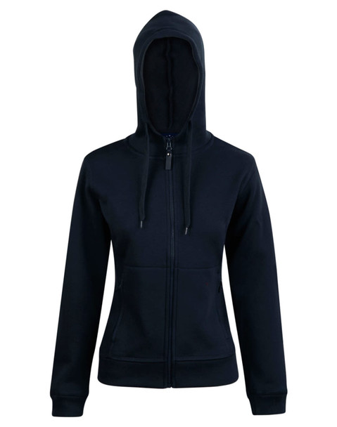 A full zip contrast fleece hoodie in black, featuring a hood and front pockets, with a logo on the design.