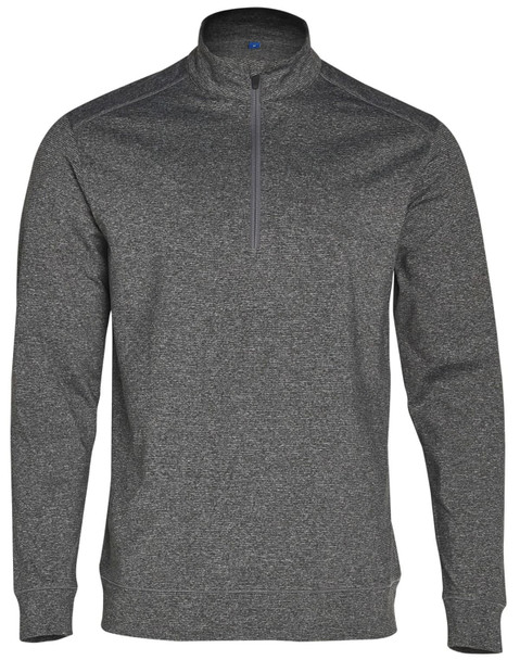 A grey, men's half zip long sleeve sweat top with a branded logo and a textured finish. A grey, men's half zip long sleeve sweat top with a branded logo and a textured finish.