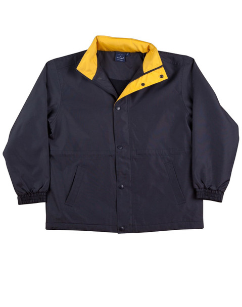 A navy and yellow kids' contrast varsity jacket with a snap closure and side pockets. Features an exterior logo. A navy and yellow kids' contrast varsity jacket with a snap closure and side pockets. Features an exterior logo.