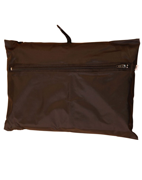 A black spray jacket in a packed form, featuring a zippered pocket and a hanging loop.