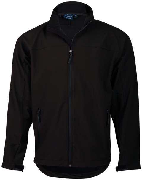 A black softshell jacket with a zip front, two side pockets, and a collar. It features a logo on the chest. A black softshell jacket with a zip front, two side pockets, and a collar. It features a logo on the chest.