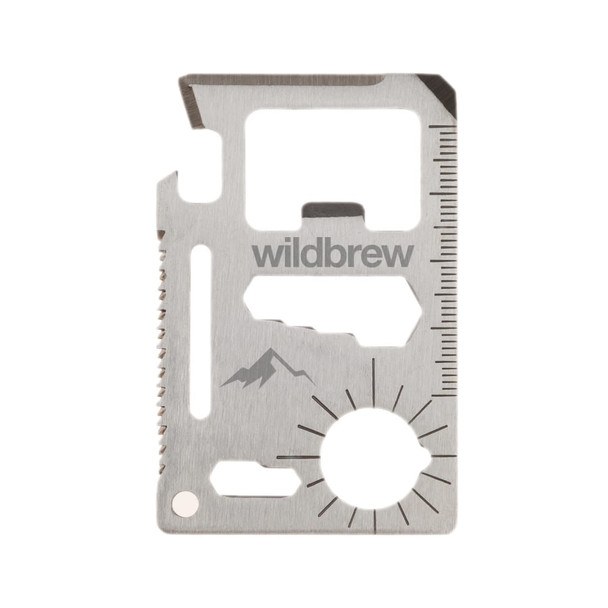 A stainless steel multi-tool card featuring various functions and a mountain logo, in a sleek design.