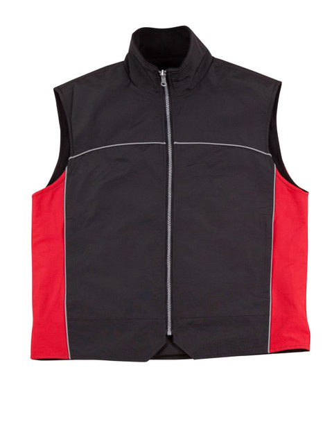 A men's 3-in-1 jacket featuring a black body with red side panels and reflective detailing. It has a zip closure and a high collar.