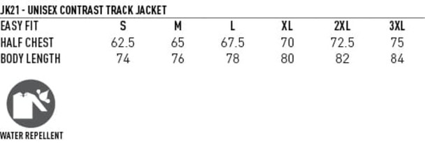 A unisex track jacket with a water-repellent feature, available in various sizes. It has contrasting colour details.