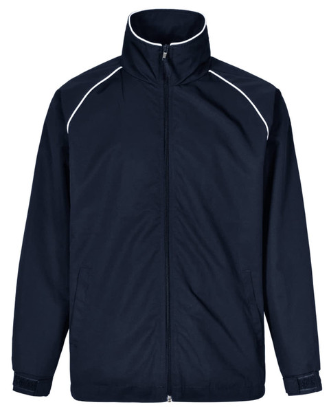 A navy track jacket featuring a high collar, zip front, and contrast piping. It has side pockets and a branded logo.