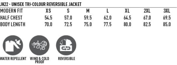 A tri-colour reversible jacket in various sizes, featuring water repellent and windproof properties. A tri-colour reversible jacket in various sizes, featuring water repellent and windproof properties.