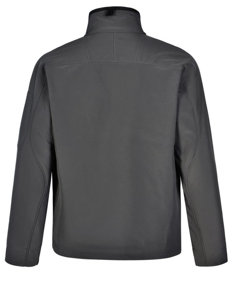A grey Men's Softshell High-Tech Jacket featuring a stand-up collar and a smooth, sleek back design.