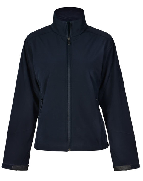 A navy softshell jacket with a high collar and zip closure, featuring side pockets and a logo on the sleeve.