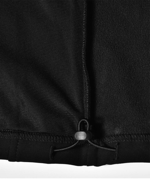 A black softshell vest featuring an adjustable hem and an inner fleece lining. It has a logo on the fabric.
