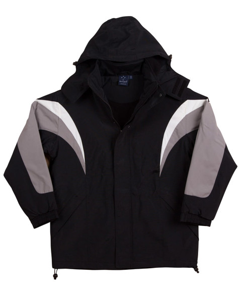 A black jacket with grey accents and a hood, featuring a logo on the front. Suitable for various occasions.