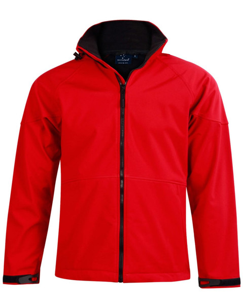 A red men's softshell full zip hoodie with a black collar and cuffs. It features a logo on the chest.