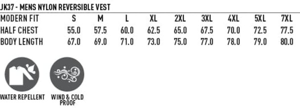 A size chart for a men's versatile vest, detailing measurements in half chest and body length in various sizes. A size chart for a men's versatile vest, detailing measurements in half chest and body length in various sizes.