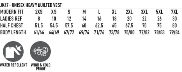 A heavy quilted vest in various sizes, featuring water-repellent and windproof properties. It has branding.