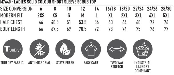 A solid colour short sleeve scrub top in various sizes, featuring a half chest measurement and two-way stretch design. A solid colour short sleeve scrub top in various sizes, featuring a half chest measurement and two-way stretch design.