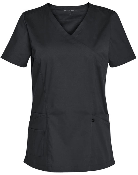 A dark green ladies' short sleeve scrub top with a V-neck and two front pockets. It features a logo. A dark green ladies' short sleeve scrub top with a V-neck and two front pockets. It features a logo.